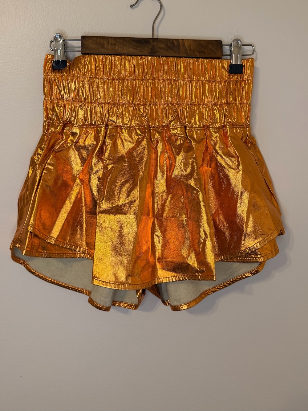 Peach Love Metallic Orange High-Waist Smocked Shorts